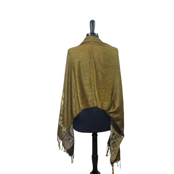 Sax Cape Scarf Wrap Black Metallic Gold Paisley Boho Witchy Cozy Fall - Picture 2 of 4